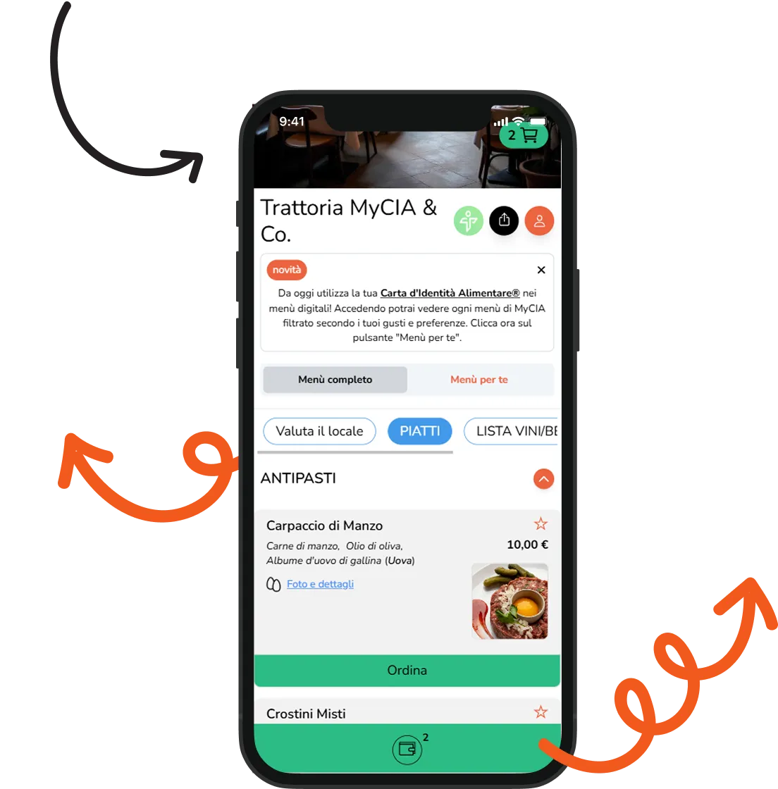 App MyCIA - selezione piatti e ordine